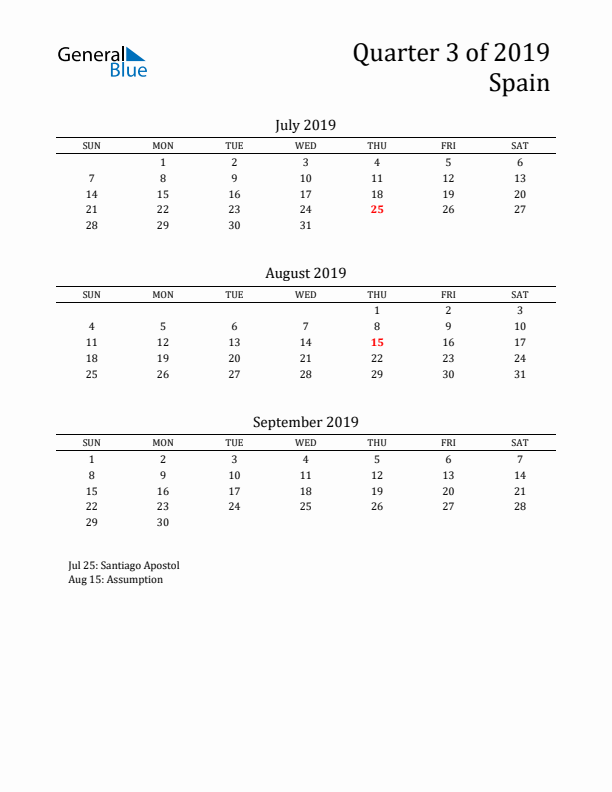 Quarter 3 2019 Spain Quarterly Calendar