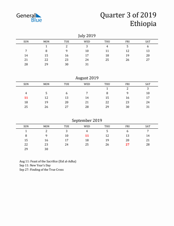 Quarter 3 2019 Ethiopia Quarterly Calendar