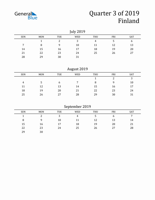 Quarter 3 2019 Finland Quarterly Calendar