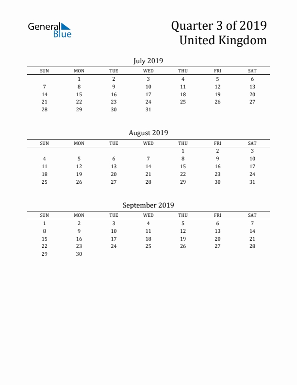 Quarter 3 2019 United Kingdom Quarterly Calendar