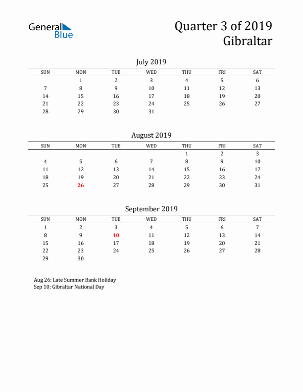 Quarter 3 2019 Gibraltar Quarterly Calendar