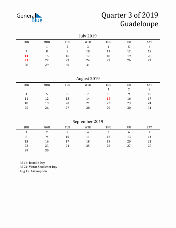 Quarter 3 2019 Guadeloupe Quarterly Calendar