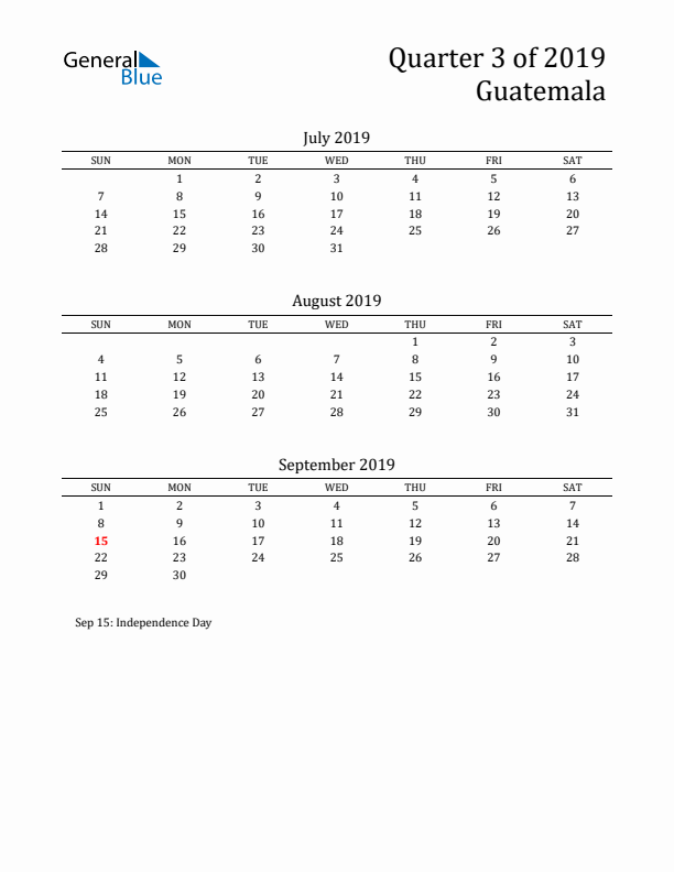 Quarter 3 2019 Guatemala Quarterly Calendar