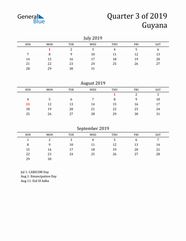 Quarter 3 2019 Guyana Quarterly Calendar