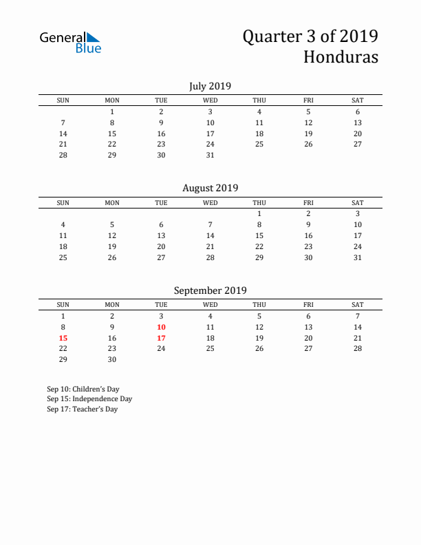 Quarter 3 2019 Honduras Quarterly Calendar