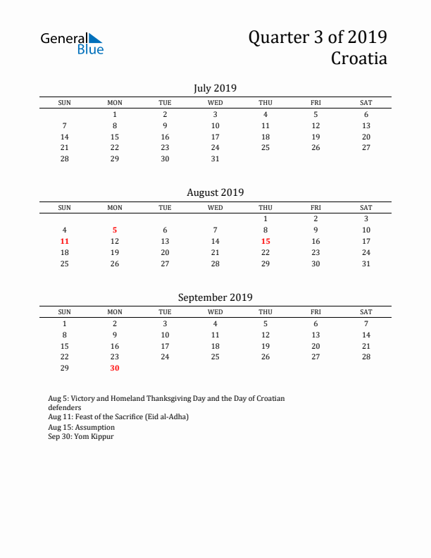 Quarter 3 2019 Croatia Quarterly Calendar