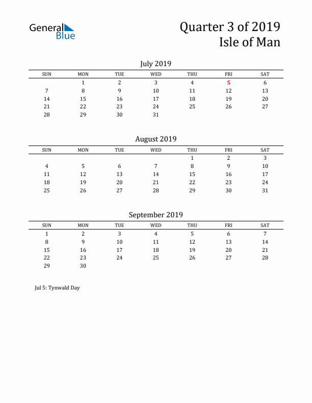 Quarter 3 2019 Isle of Man Quarterly Calendar