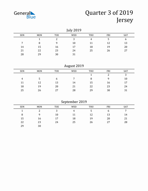 Quarter 3 2019 Jersey Quarterly Calendar