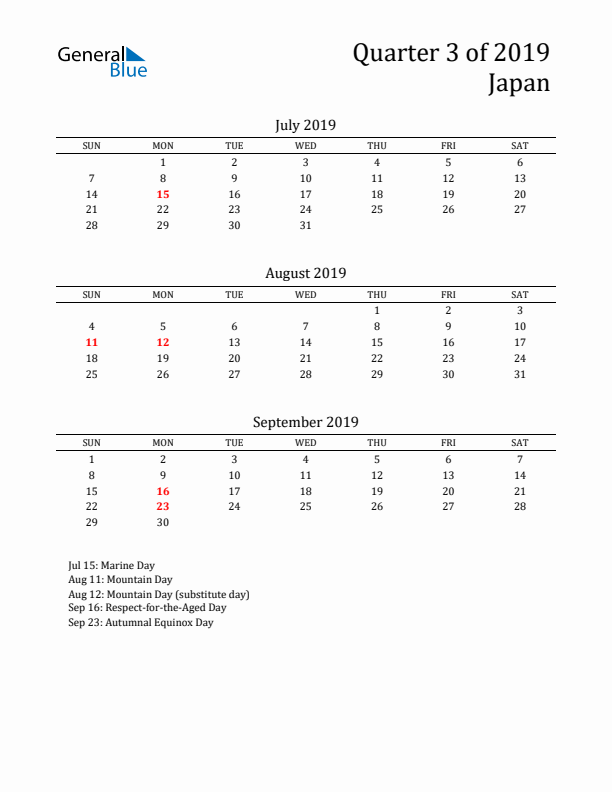 Quarter 3 2019 Japan Quarterly Calendar