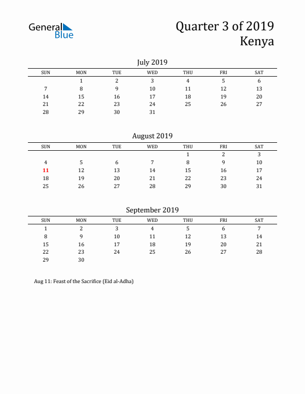 Quarter 3 2019 Kenya Quarterly Calendar