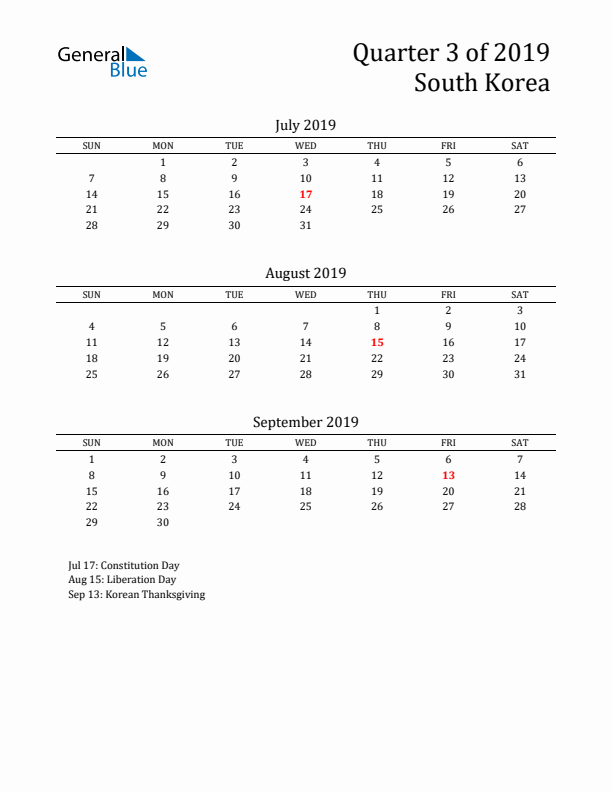 Quarter 3 2019 South Korea Quarterly Calendar