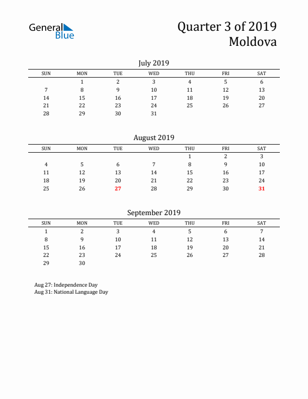 Quarter 3 2019 Moldova Quarterly Calendar