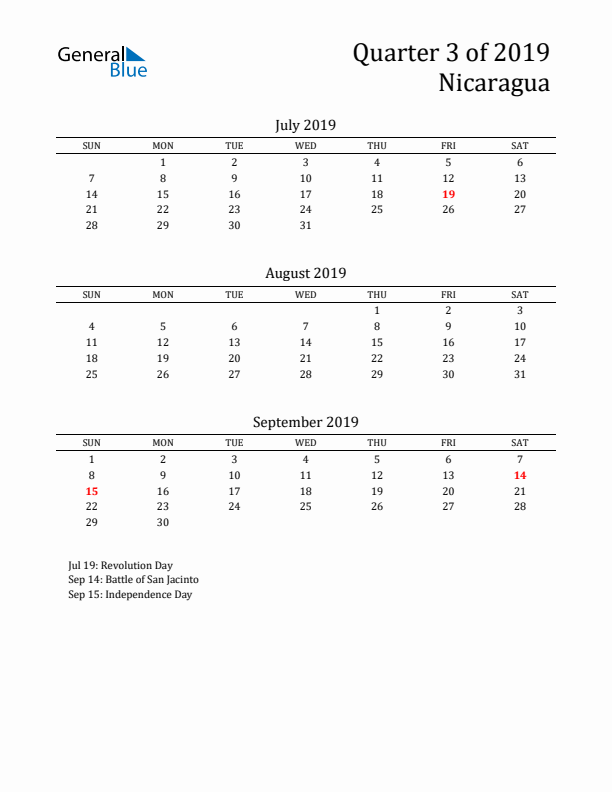 Quarter 3 2019 Nicaragua Quarterly Calendar