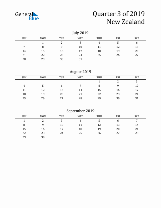 Quarter 3 2019 New Zealand Quarterly Calendar