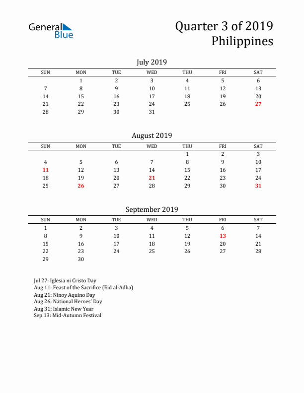 Quarter 3 2019 Philippines Quarterly Calendar