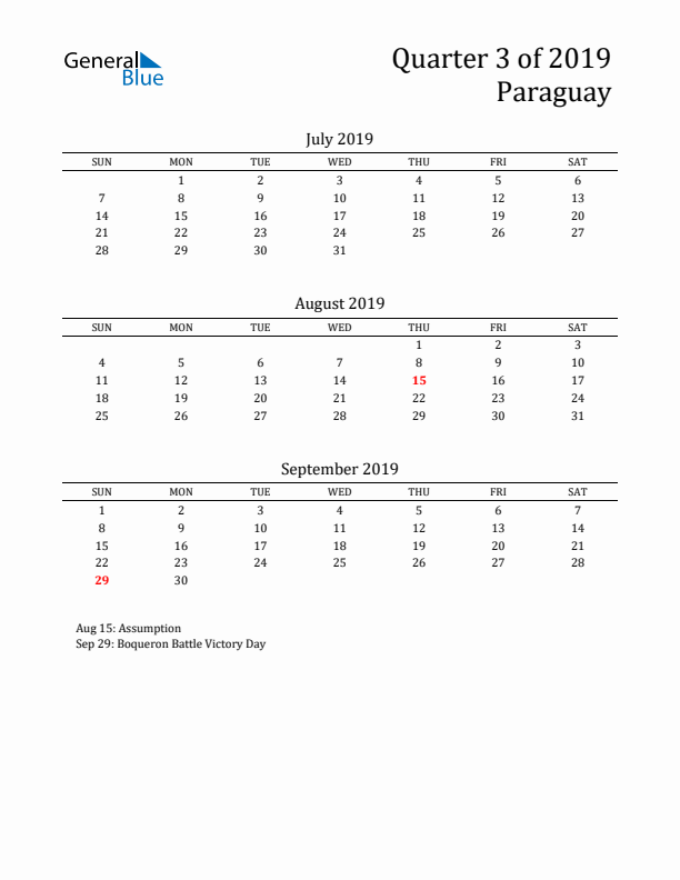 Quarter 3 2019 Paraguay Quarterly Calendar