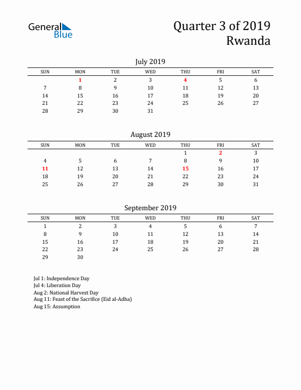 Quarter 3 2019 Rwanda Quarterly Calendar