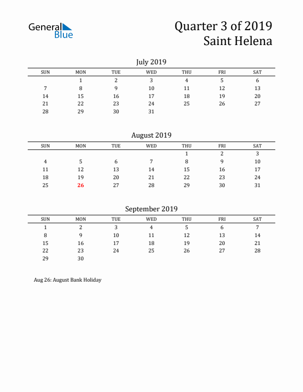 Quarter 3 2019 Saint Helena Quarterly Calendar