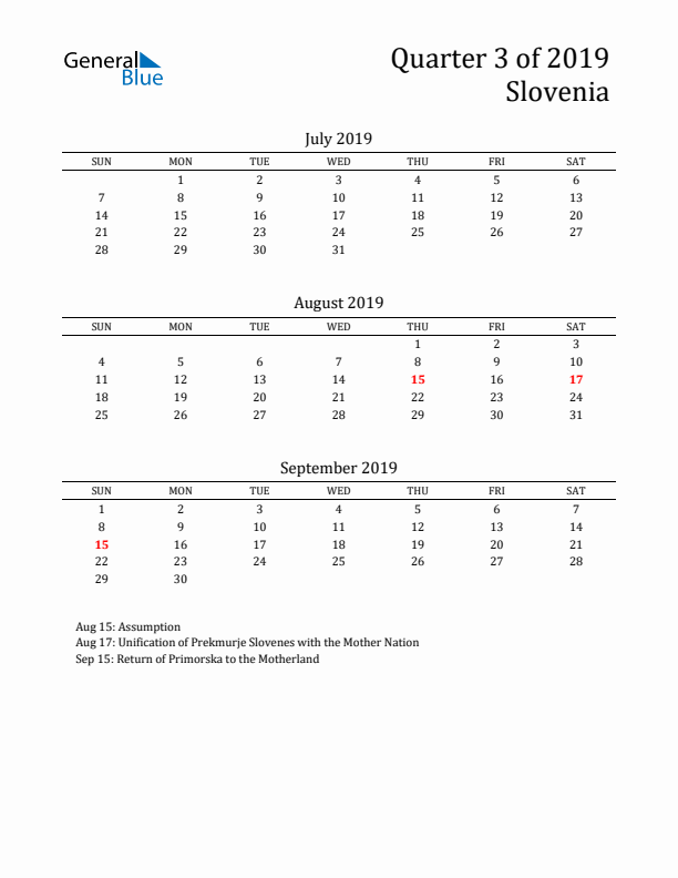 Quarter 3 2019 Slovenia Quarterly Calendar