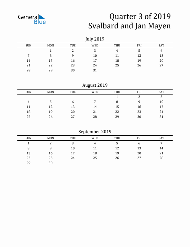 Quarter 3 2019 Svalbard and Jan Mayen Quarterly Calendar