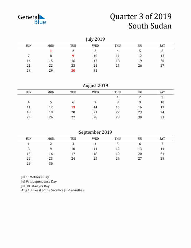 Quarter 3 2019 South Sudan Quarterly Calendar