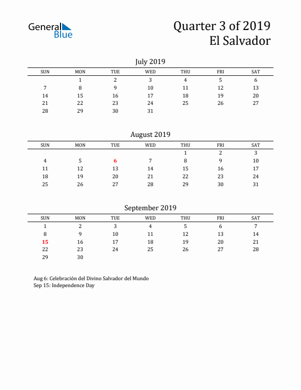 Quarter 3 2019 El Salvador Quarterly Calendar