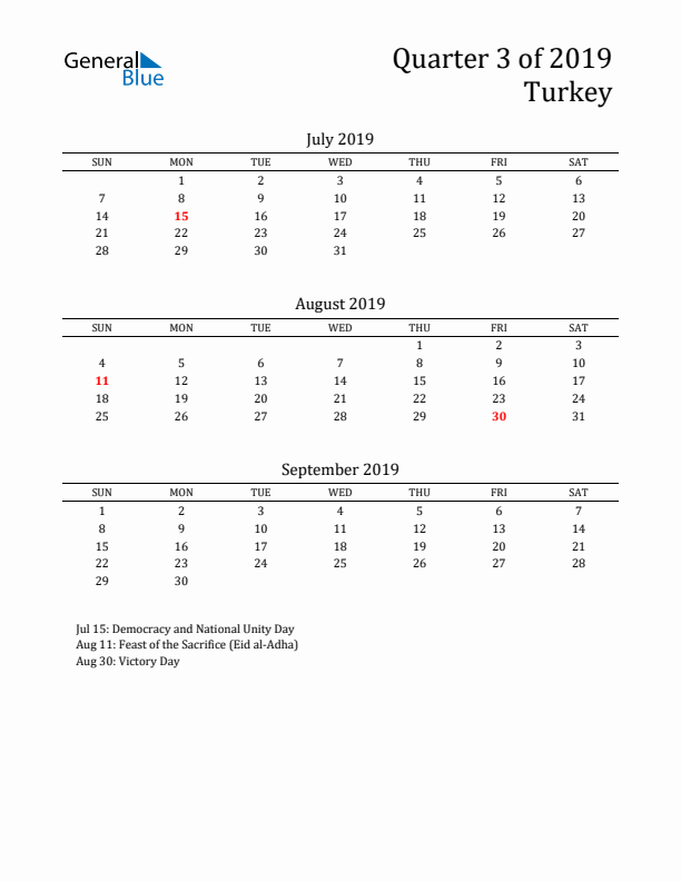 Quarter 3 2019 Turkey Quarterly Calendar