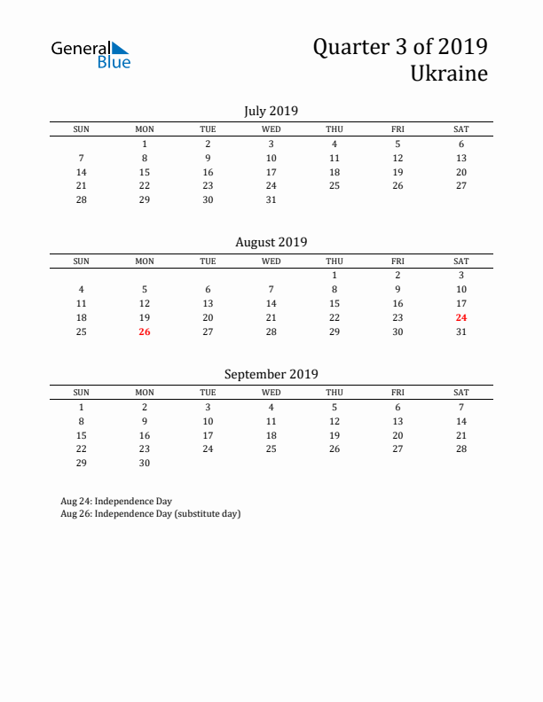 Quarter 3 2019 Ukraine Quarterly Calendar