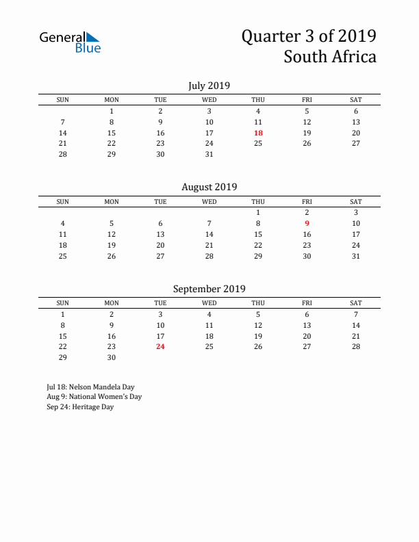 Quarter 3 2019 South Africa Quarterly Calendar