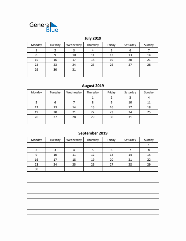 Free Printable Quarterly Calendar 2019