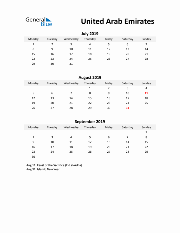 Printable Quarterly Calendar with Notes and United Arab Emirates Holidays- Q3 of 2019