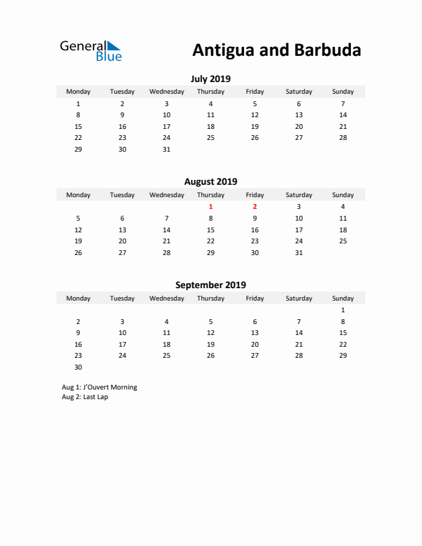 Printable Quarterly Calendar with Notes and Antigua and Barbuda Holidays- Q3 of 2019