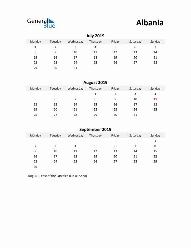 Printable Quarterly Calendar with Notes and Albania Holidays- Q3 of 2019