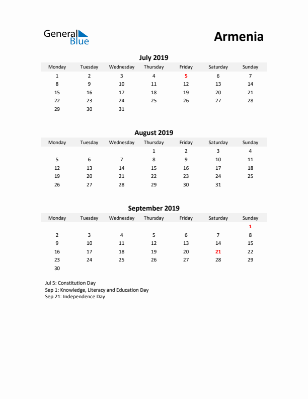 Printable Quarterly Calendar with Notes and Armenia Holidays- Q3 of 2019