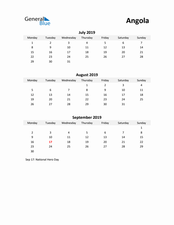 Printable Quarterly Calendar with Notes and Angola Holidays- Q3 of 2019