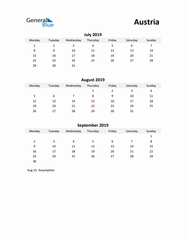 Printable Quarterly Calendar with Notes and Austria Holidays- Q3 of 2019