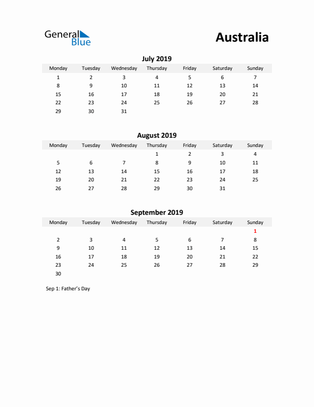 Printable Quarterly Calendar with Notes and Australia Holidays- Q3 of 2019