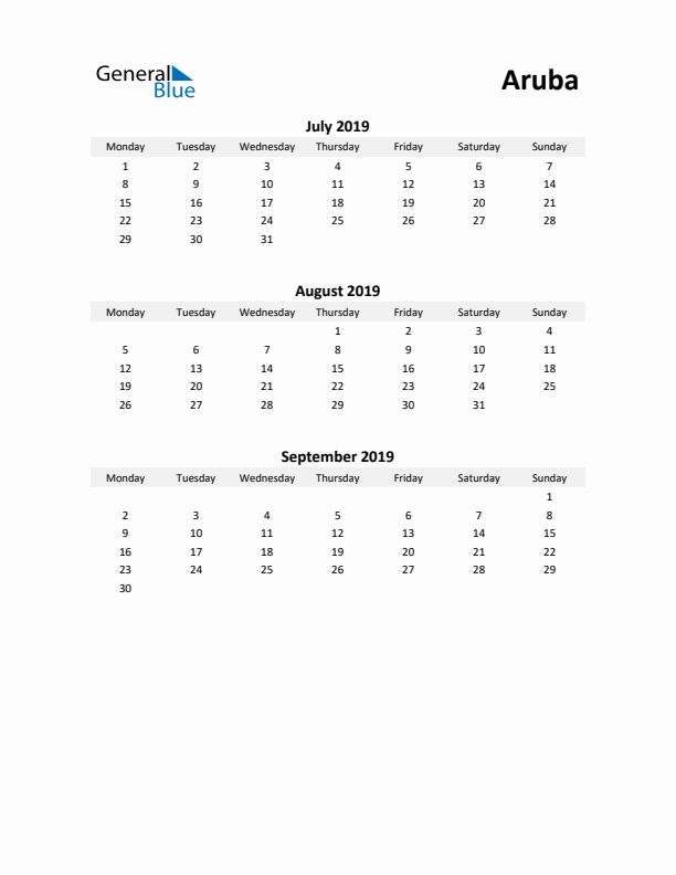 Printable Quarterly Calendar with Notes and Aruba Holidays- Q3 of 2019