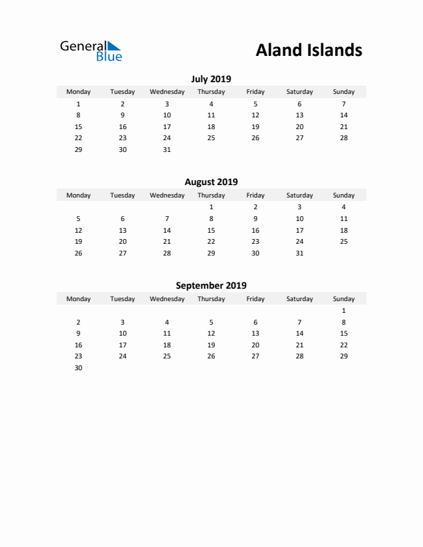 Printable Quarterly Calendar with Notes and Aland Islands Holidays- Q3 of 2019