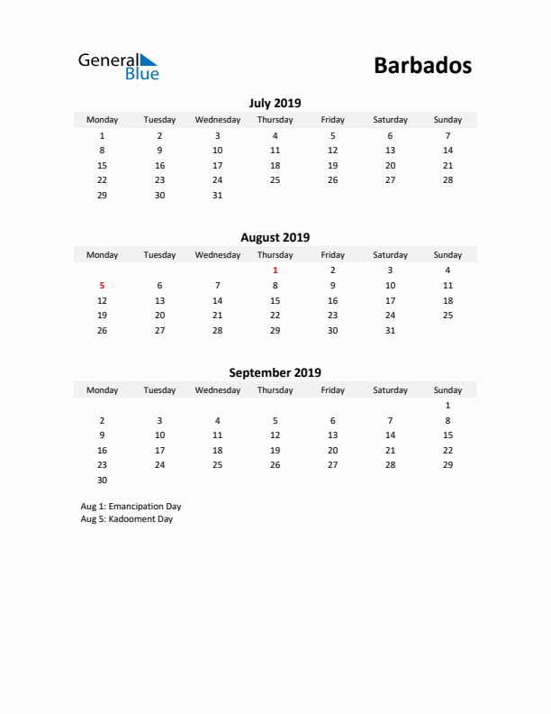 Printable Quarterly Calendar with Notes and Barbados Holidays- Q3 of 2019