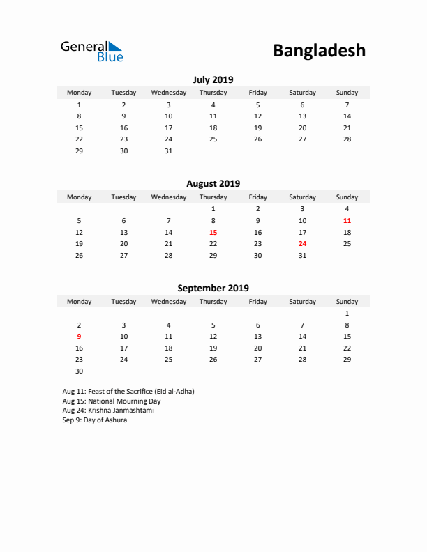 Printable Quarterly Calendar with Notes and Bangladesh Holidays- Q3 of 2019