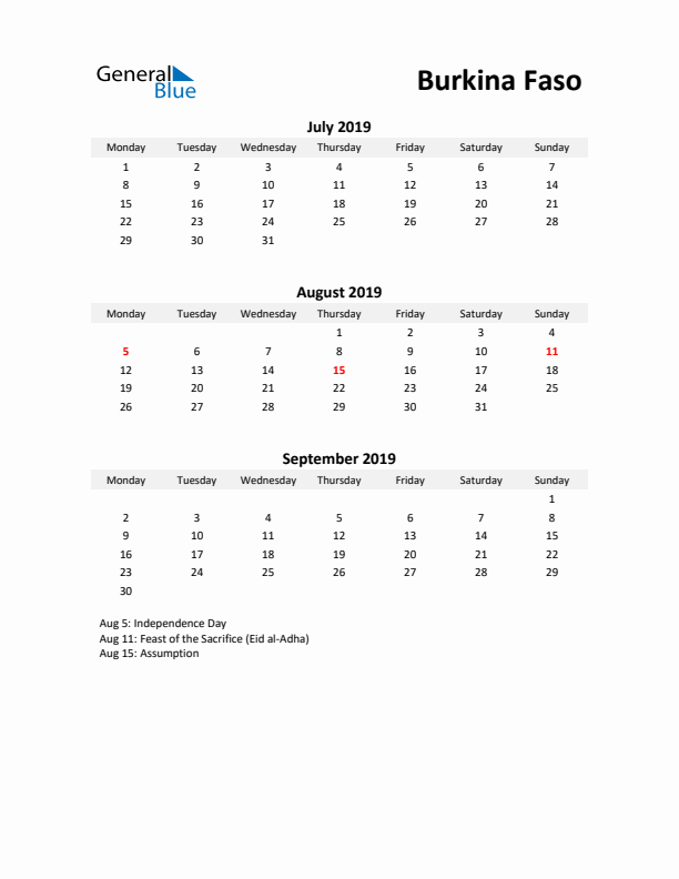 Printable Quarterly Calendar with Notes and Burkina Faso Holidays- Q3 of 2019