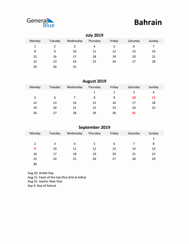 Printable Quarterly Calendar with Notes and Bahrain Holidays- Q3 of 2019