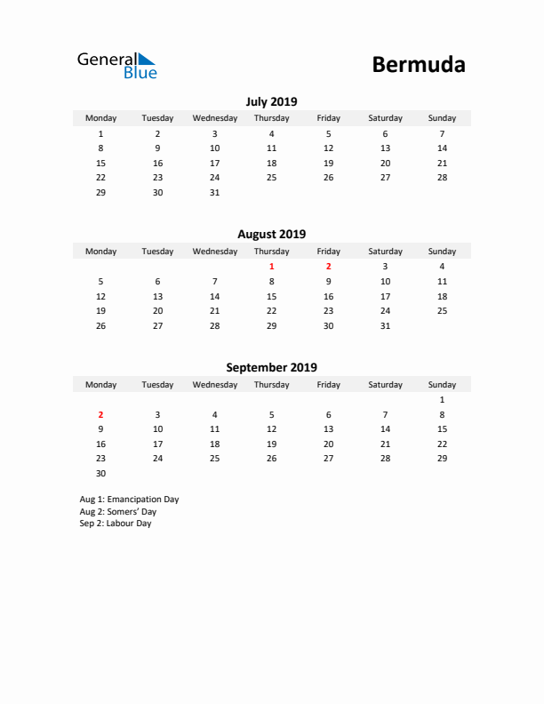 Printable Quarterly Calendar with Notes and Bermuda Holidays- Q3 of 2019