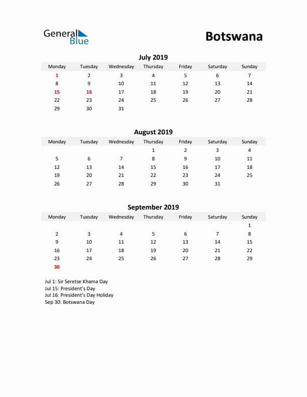 Printable Quarterly Calendar with Notes and Botswana Holidays- Q3 of 2019