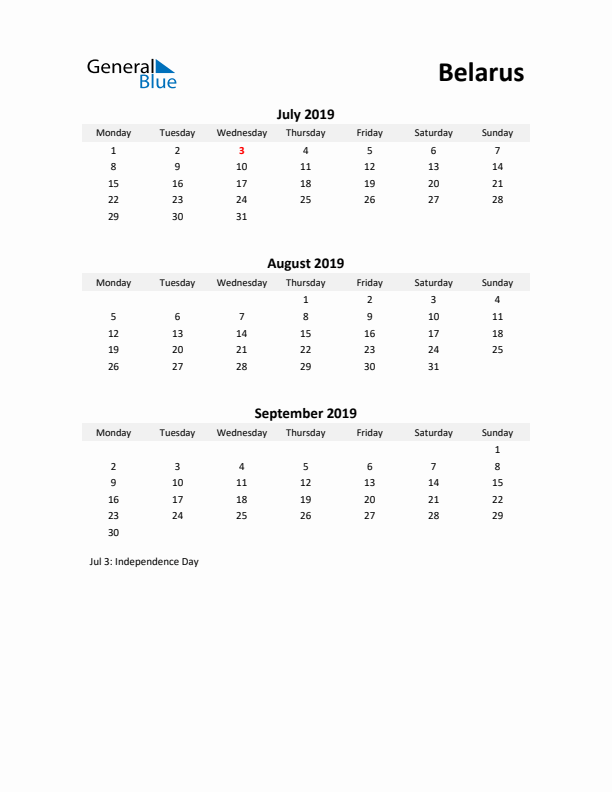 Printable Quarterly Calendar with Notes and Belarus Holidays- Q3 of 2019