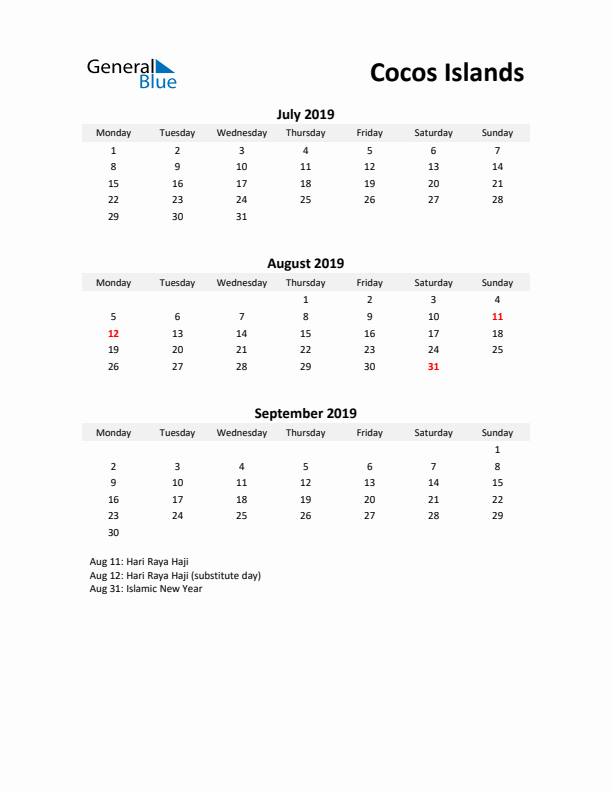 Printable Quarterly Calendar with Notes and Cocos Islands Holidays- Q3 of 2019