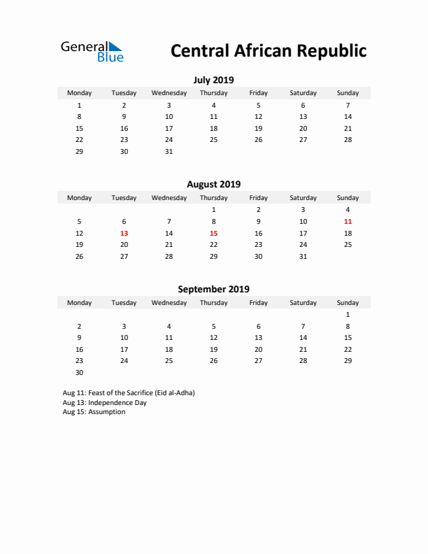 Printable Quarterly Calendar with Notes and Central African Republic Holidays- Q3 of 2019