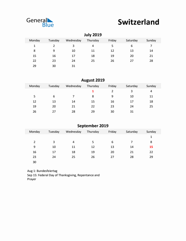 Printable Quarterly Calendar with Notes and Switzerland Holidays- Q3 of 2019