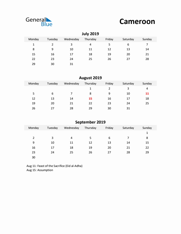 Printable Quarterly Calendar with Notes and Cameroon Holidays- Q3 of 2019